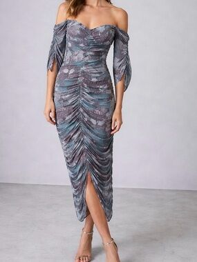 Zara Off-Shoulder Ruched Midi Dress in Slate Blue and Gray